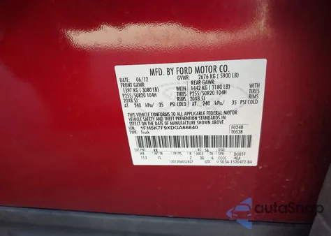 2013 Ford Explorer Limited z USA, uszkodzony, nr VIN 1FM5K7F9XDGA66840